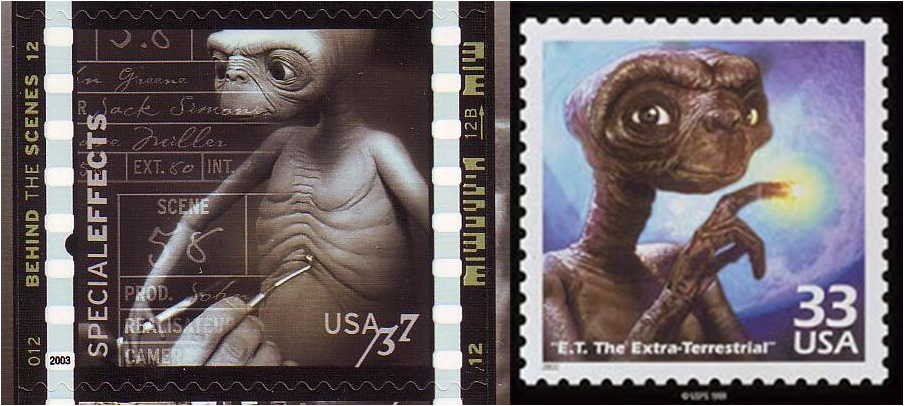 Imagen con 2 sellos de correos de la película de 1982 - ET 2, vuelve el extraterrestre