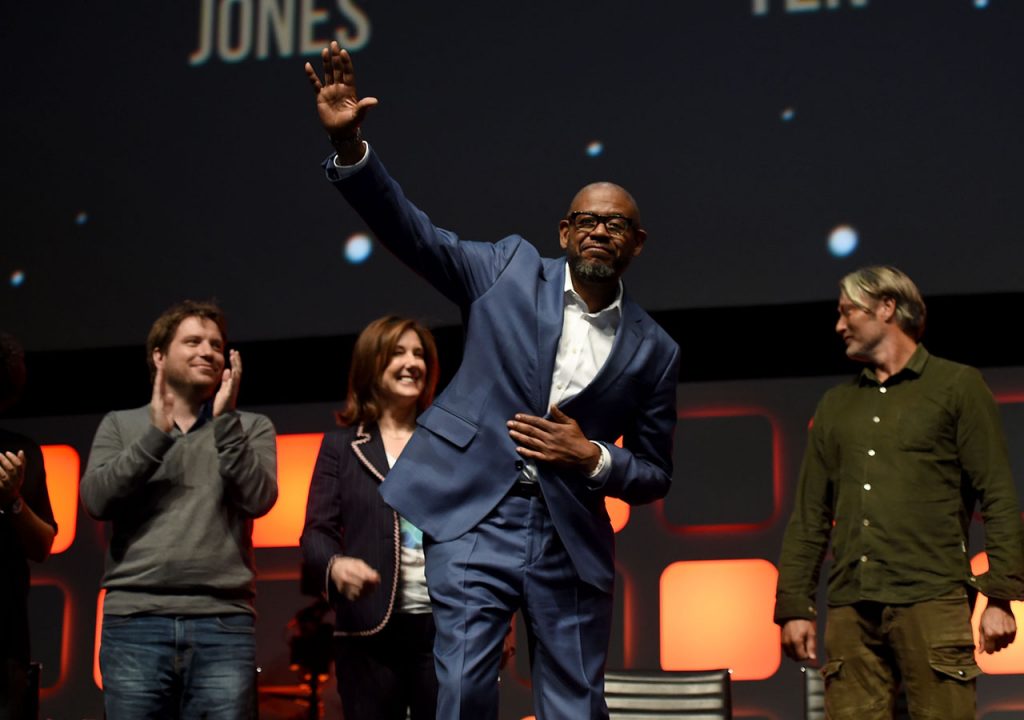 LONDON, ENGLAND - JULY 15:  (L-R) Director Gareth Edwards, producer Kathleen Kennedy, Forest Whitaker and Mads Mikkelsen on stage during the Rogue One Panel at the Star Wars Celebration 2016 at ExCel on July 15, 2016 in London, England.  (Photo by Ben A. Pruchnie/Getty Images for Walt Disney Studios) *** Local Caption *** Gareth Edwards; Kathleen Kennedy; Forest Whitaker; Mads Mikkelsen