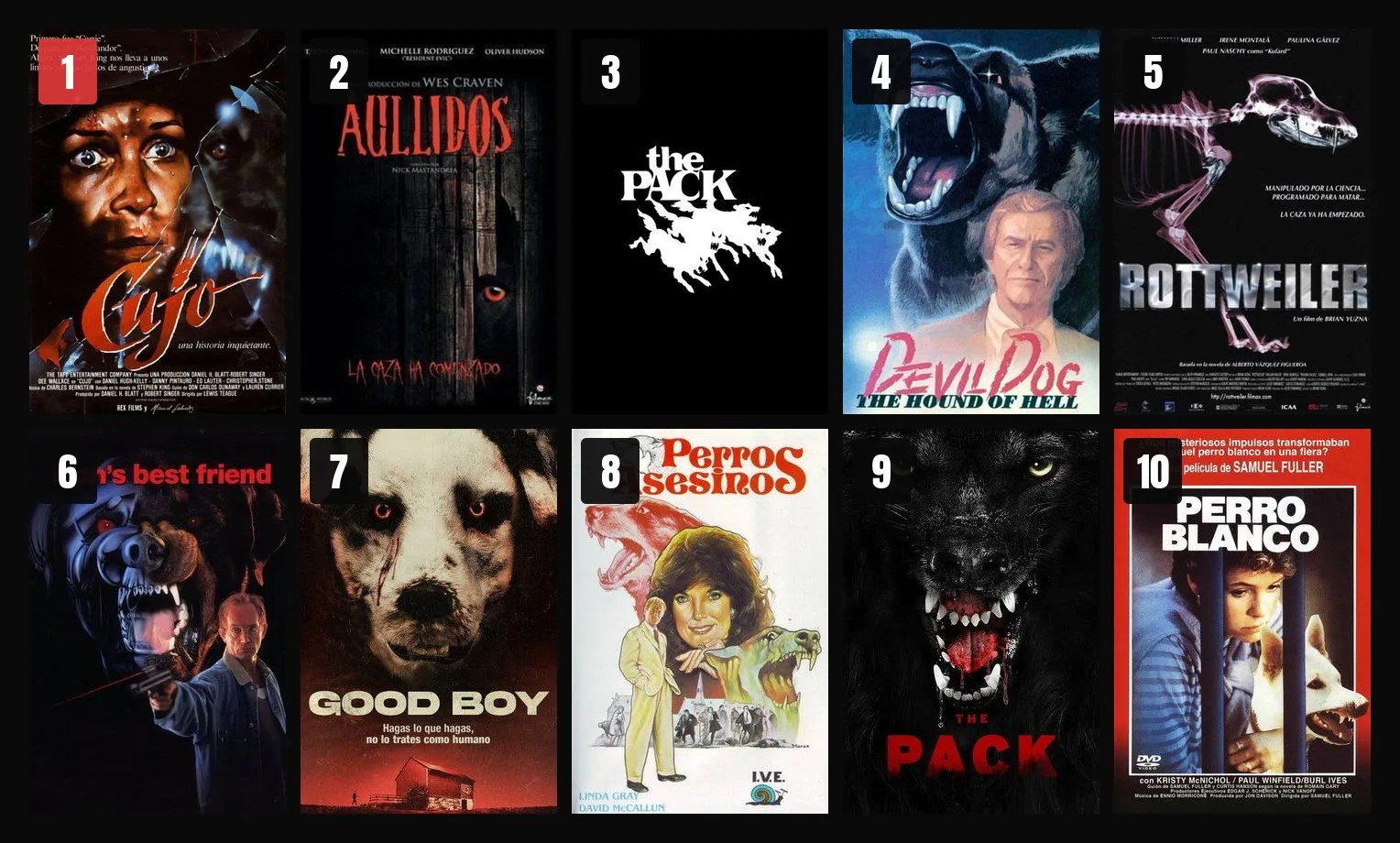 Pósters de Las 10 mejores Películas de terror con perros: 1. Cujo, 2. Aullidos, 3. The Pack, 4. El perro del infierno, 5. Rottweiler, 6. El mejor amigo del hombre, 7. Good Boy, 8. Perros asesinos, 9. La Manada, 10. Perro Blanco